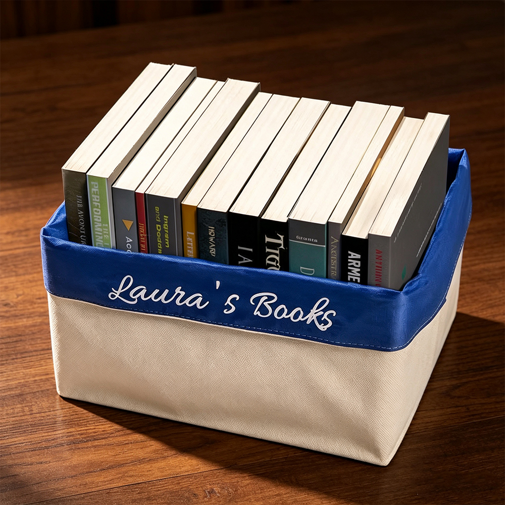 Personalised Foldable Book Storage Basket with Custom Text, Fabric Book Organizer for Shelves, Reading Nooks and Nurseries