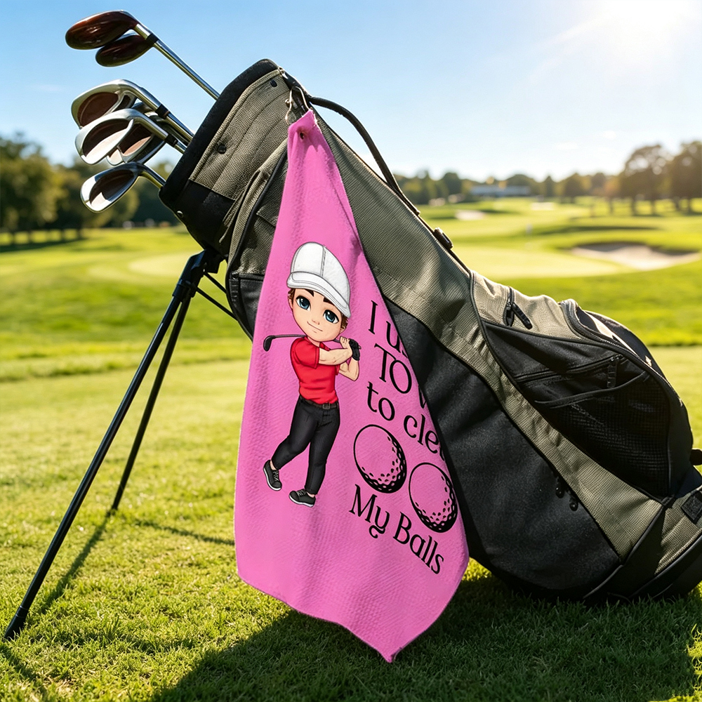 Personalised Golf Waffle Towel with Cartoon Golfer Design, Custom Name Super Absorbent Golf Towel with Hanging Clip, Unique Gift for Golf Lovers