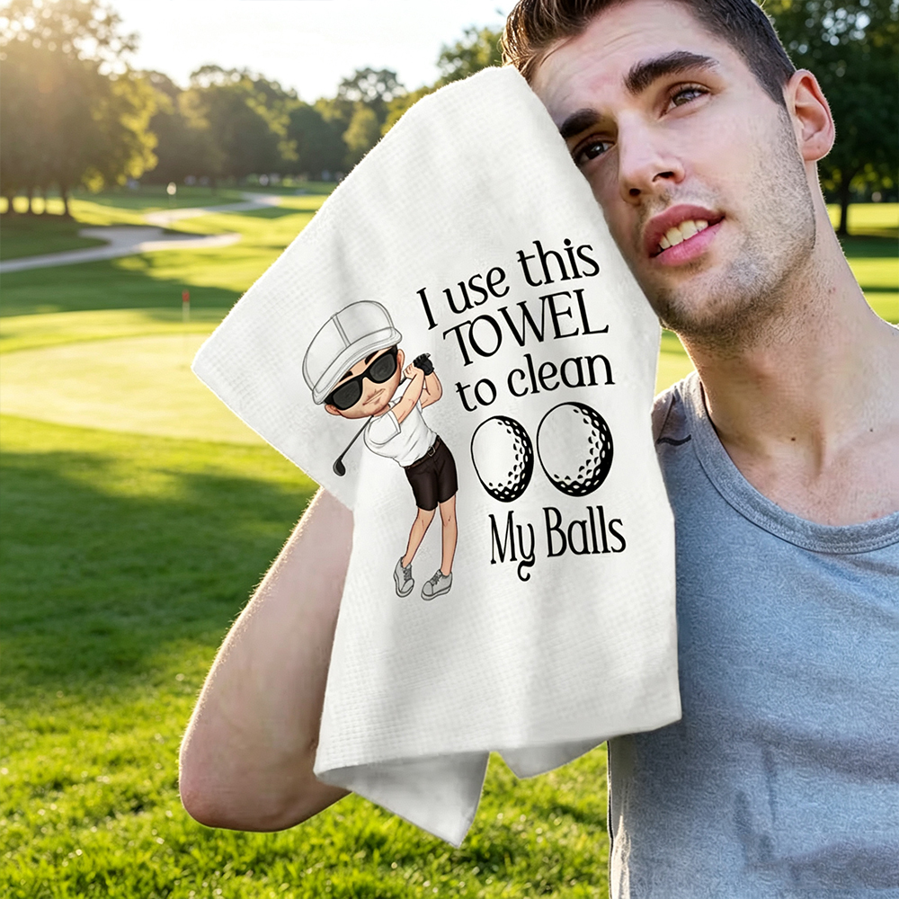 Personalised Golf Waffle Towel with Cartoon Golfer Design, Custom Name Super Absorbent Golf Towel with Hanging Clip, Unique Gift for Golf Lovers