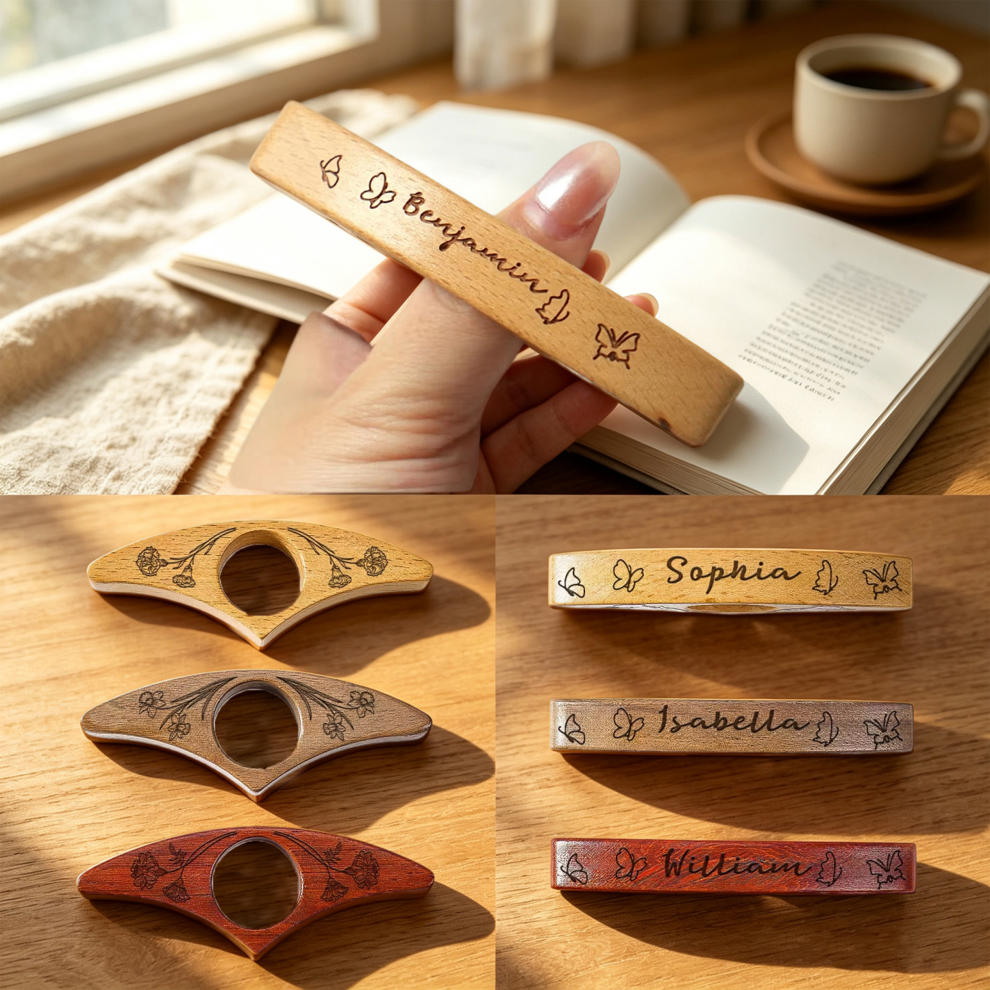 Personalized Birth Flower Wooden Thumb Book Holder, Custom Engraved Page Holder with Name, Gift for Book Lovers