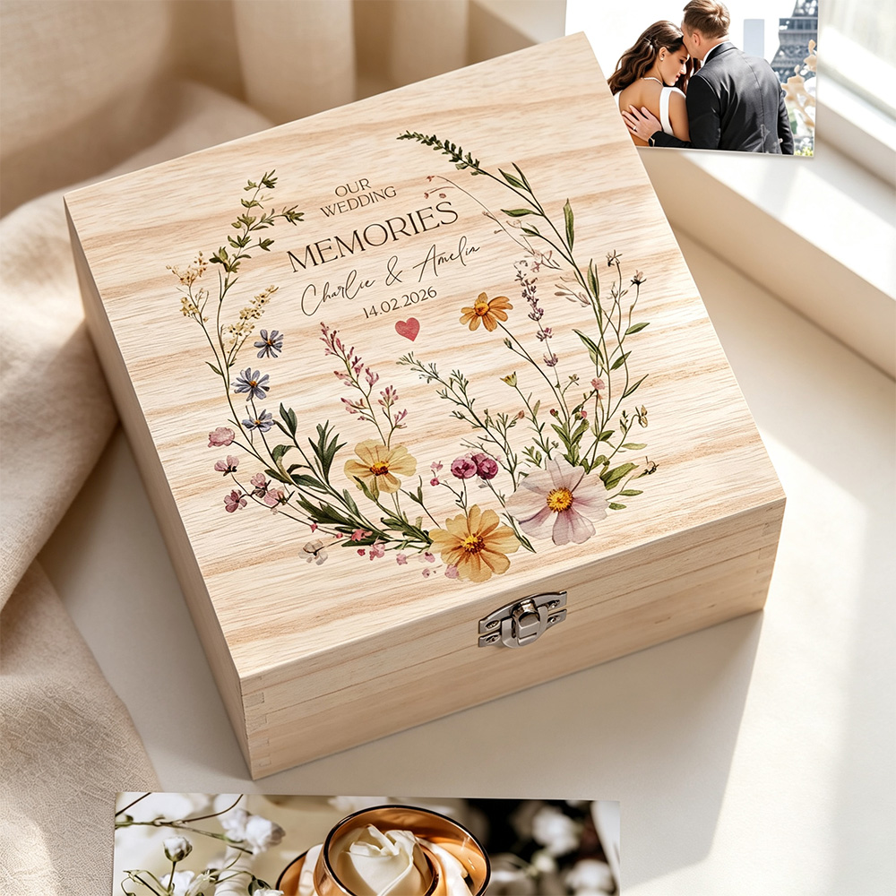 Personalized Wooden Wedding Keepsake Box, Custom Couple Names & Date Memory Box, Floral Wedding Gift for Newlyweds, Anniversary Keepsake