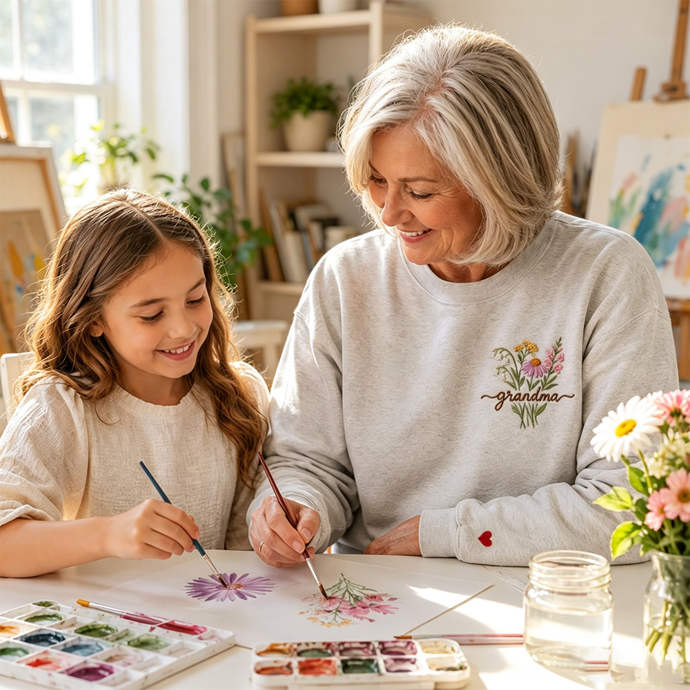 Personalized granny sweatshirt with floral embroidery - a soft pullover, a perfect gift for Mother's Day, birthdays, and Christmas for grandma, maternal grandma, and great-grandmother.