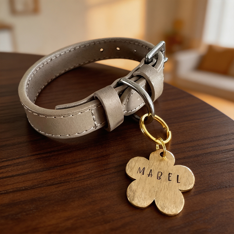 Personalized Dog ID Tag Flower Shape Brass Pet Tag | Custom Hand Stamped Name Tag | Unique Puppy Collar Charm Gift