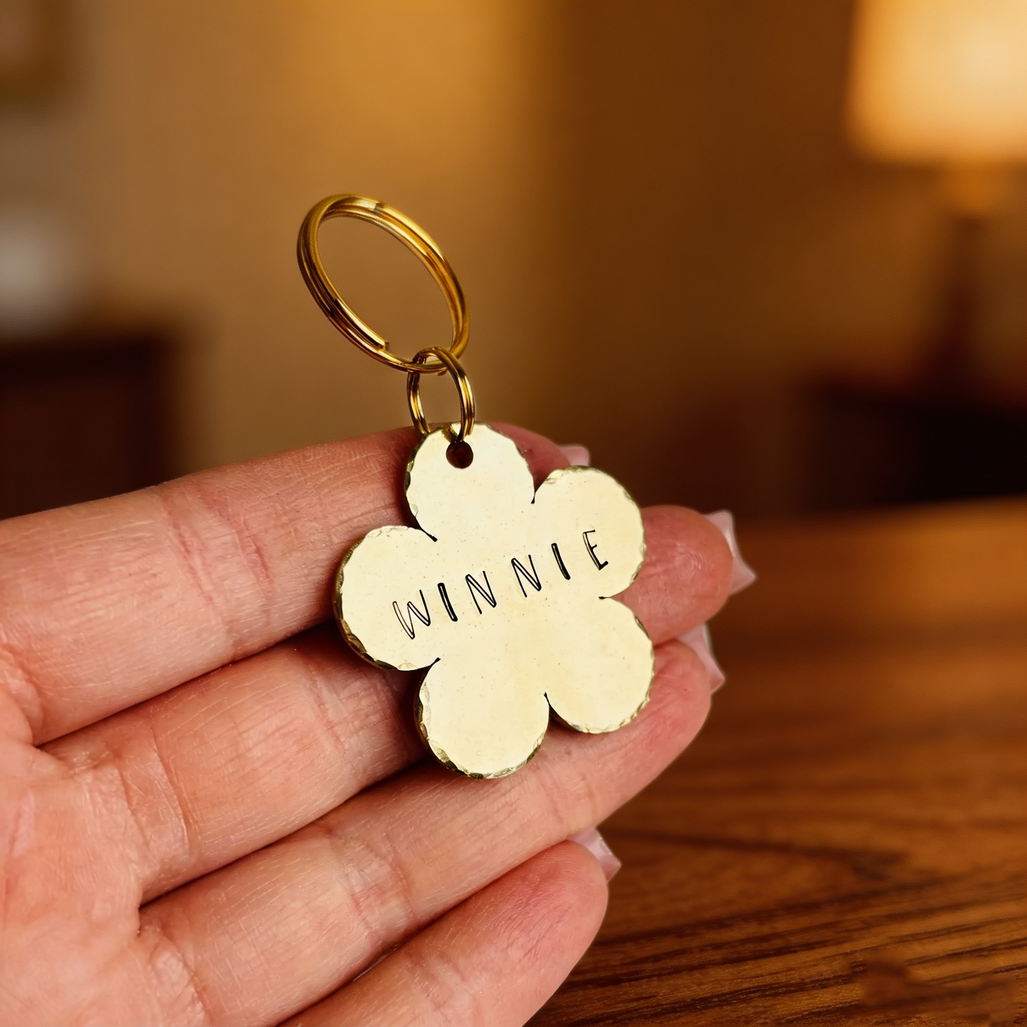 Personalized Dog ID Tag Flower Shape Brass Pet Tag | Custom Hand Stamped Name Tag | Unique Puppy Collar Charm Gift
