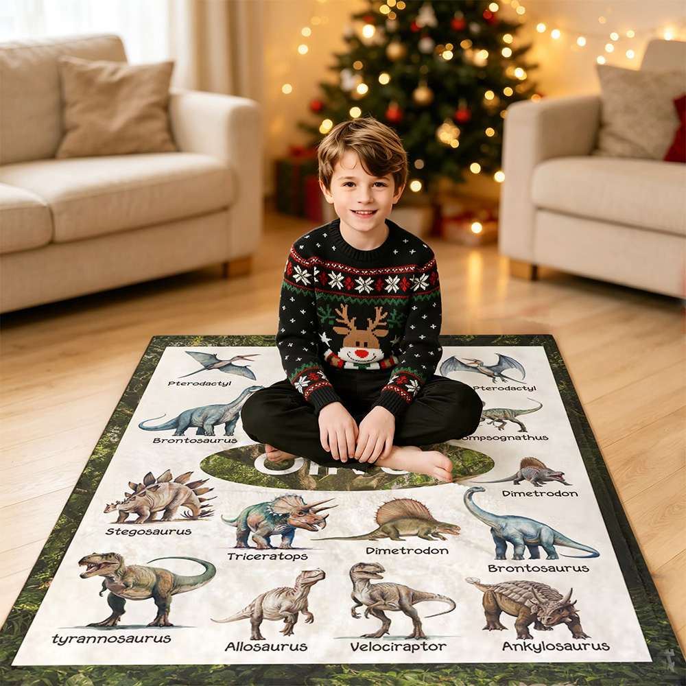 Personalised Dinosaur Name Fleece Blanket, Educational Prehistoric Animal Throw for Kids, Birthday and Christmas Gift for Dinosaur Lovers
