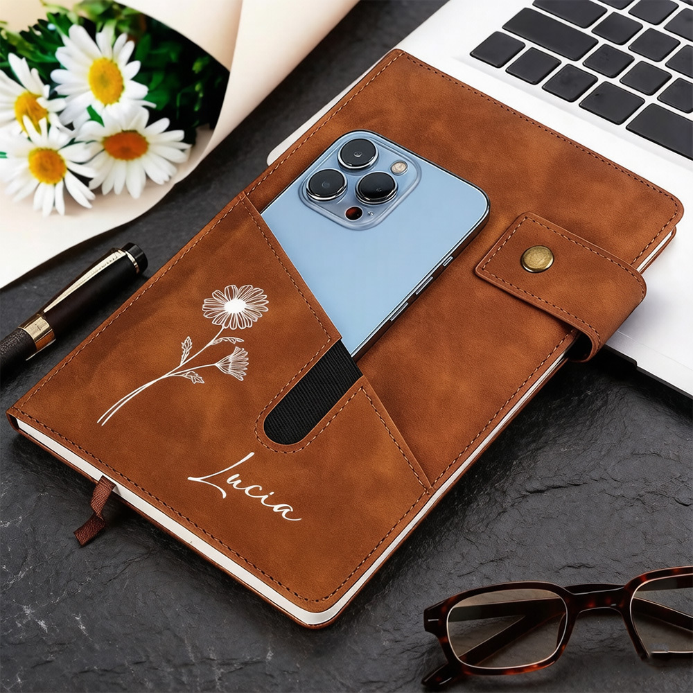 Personalized Birth Flower A5 Notebook with Custom Name, PU Leather Journal with Phone Pocket and Lined Pages, Gift for Women