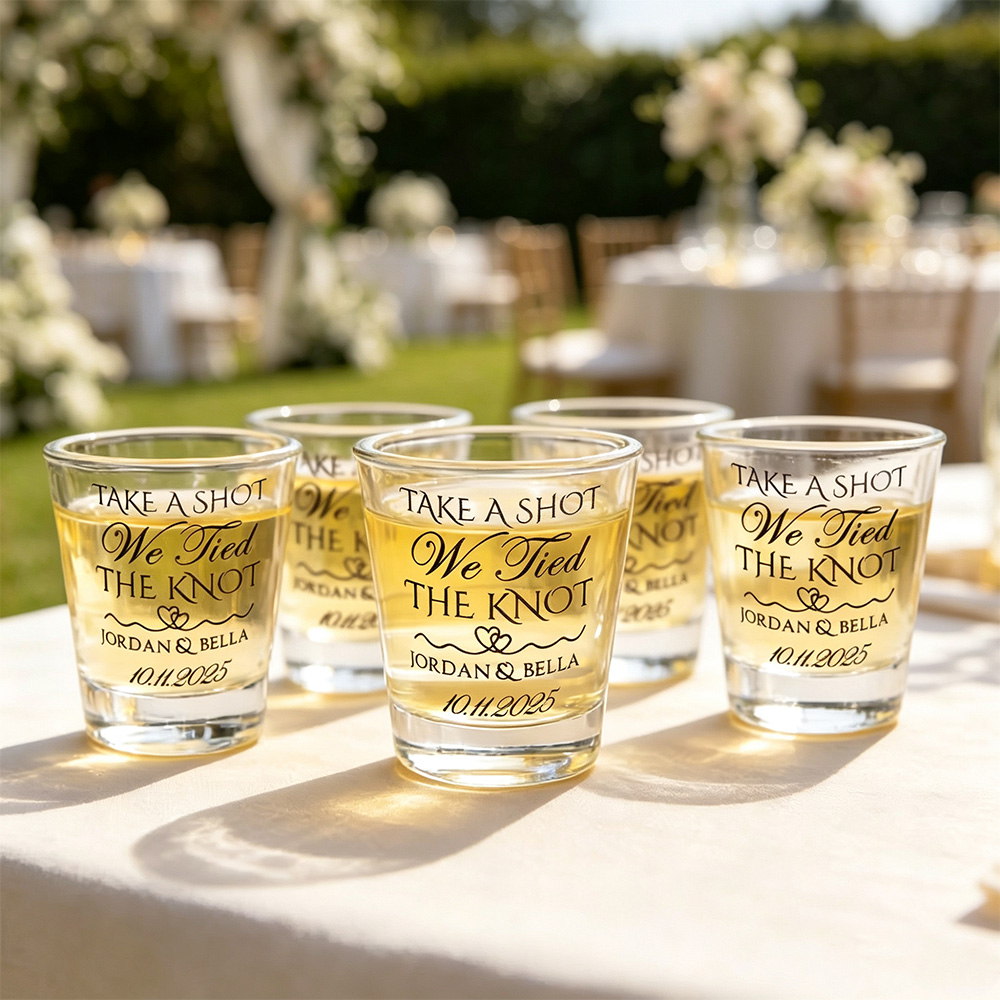 Personalized "Tie the Knot" Themed Shot Glasses (Includes Names, Set of 2) — Bachelor/Bachelorette Party and Wedding Gifts
