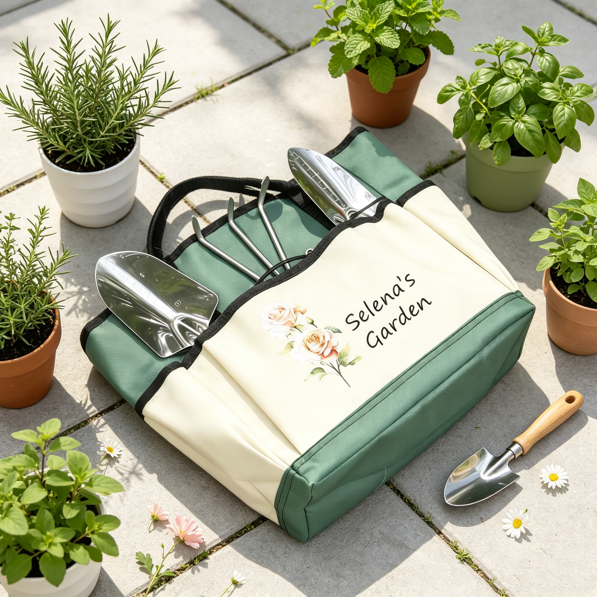 Personalized Gardening Tool Organizer Bag – A custom birth-flower themed gardening gift designed for moms, grandmothers, or gardening enthusiasts.