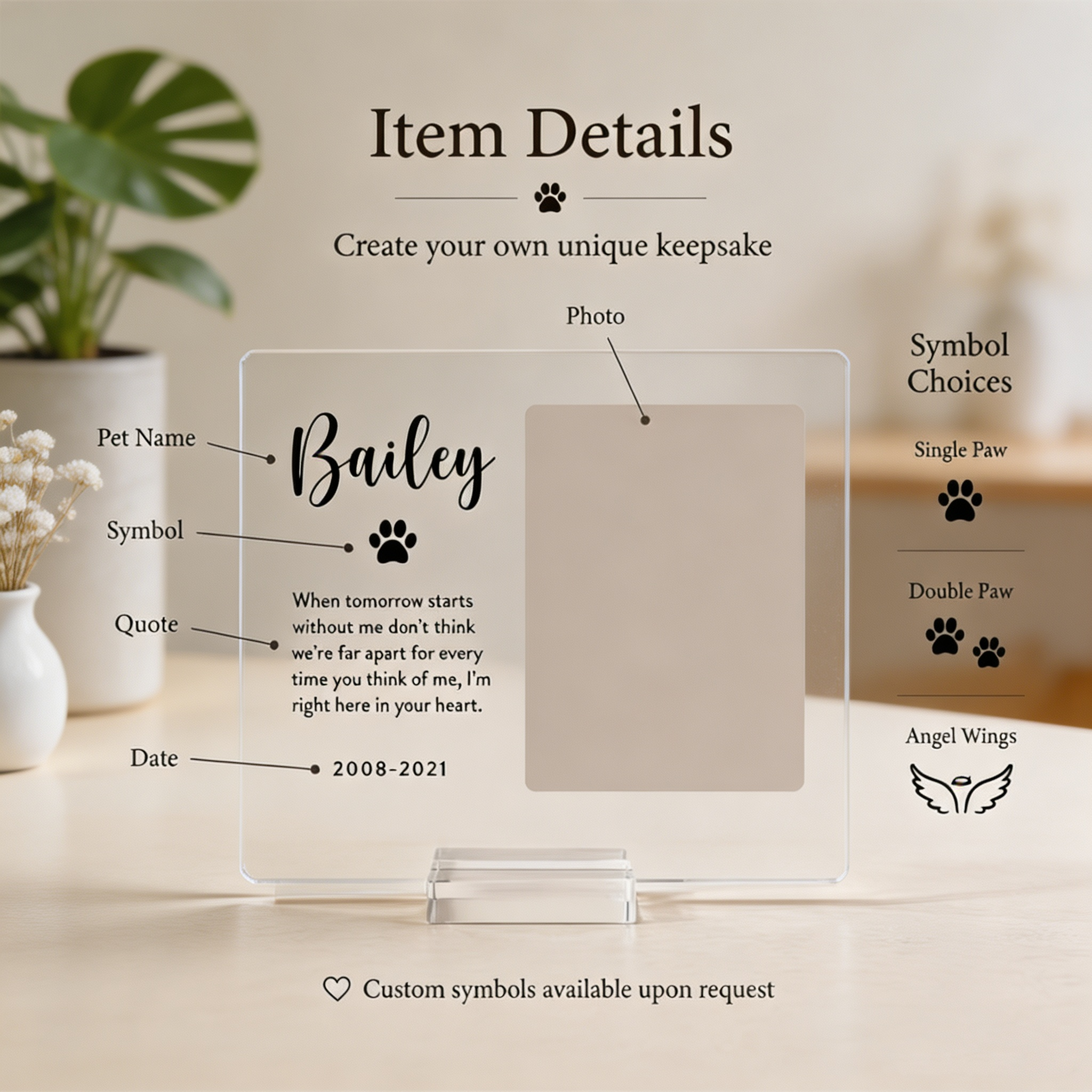 Personalized Pet Memorial Plaque – Custom Acrylic Photo Keepsake with Name, Dog & Cat Loss Sympathy Gift