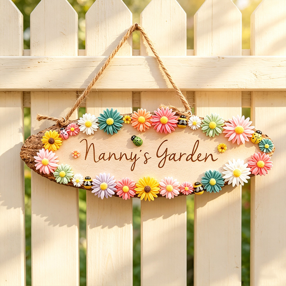 Personalized Floral Garden Sign – Custom Wooden Hanging Plaque with Name, Garden Decor Gift