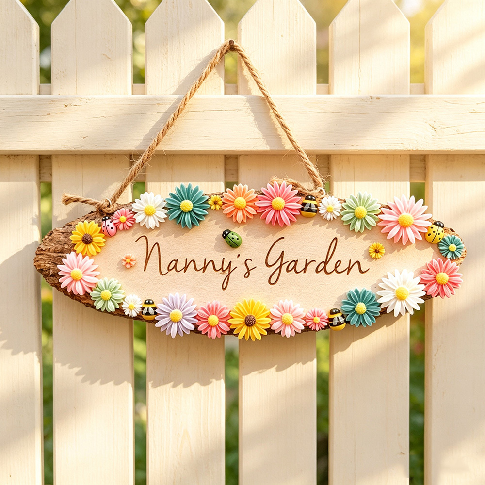 Personalized Floral Garden Sign – Custom Wooden Hanging Plaque with Name, Garden Decor Gift