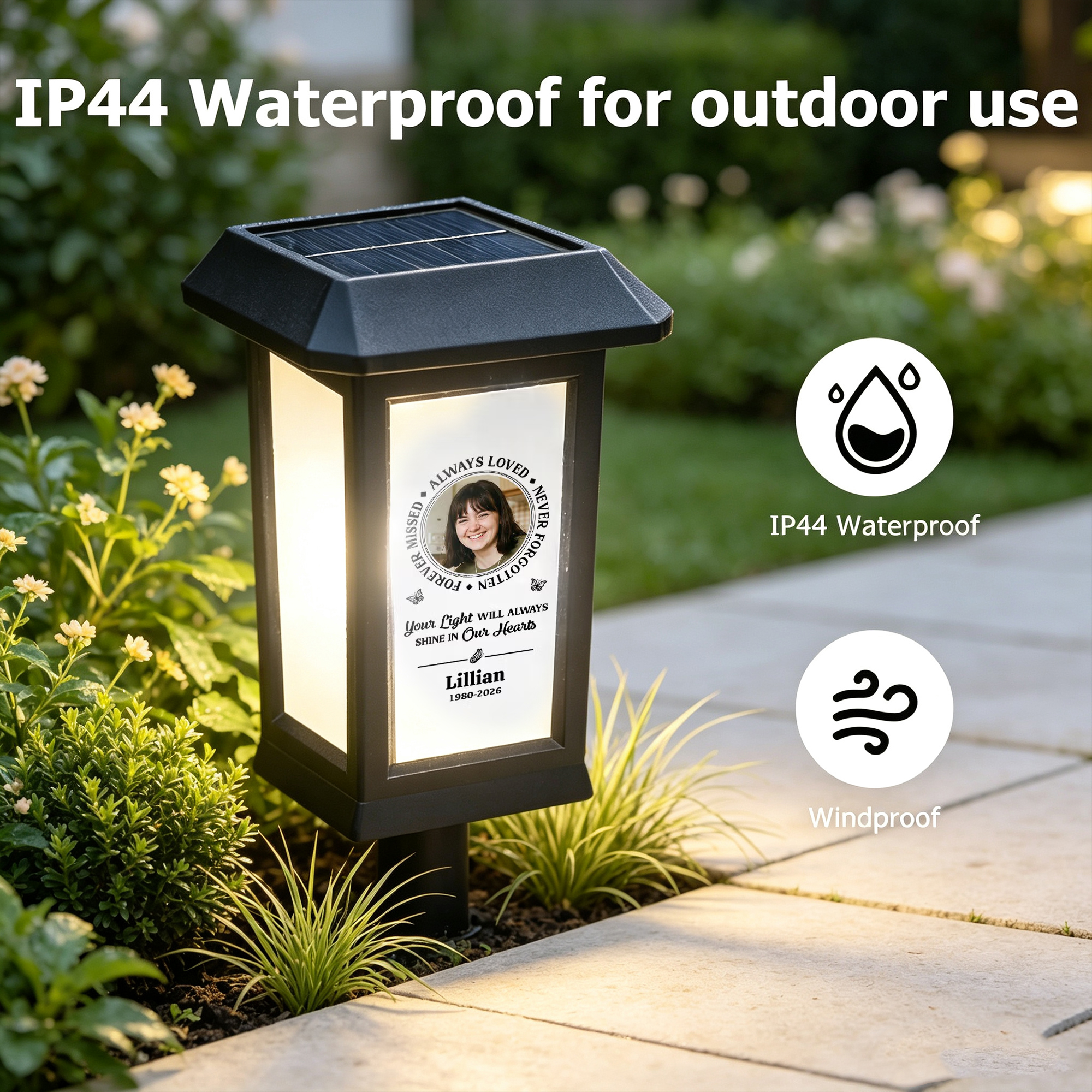 Personalized Memorial Solar Garden Light with Photo, Name & Year, Waterproof Outdoor Sympathy Tribute Decor, Forever in Our Hearts Remembrance Gift for Family & Friends