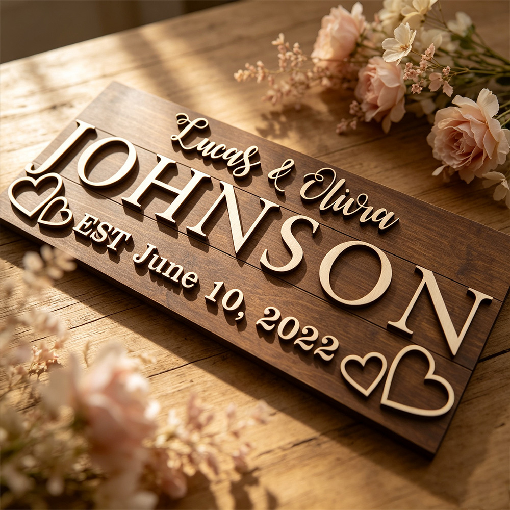 Personalized Last Name Established Sign – Custom Wooden Family Name Wall Decor for Couples & Newlyweds