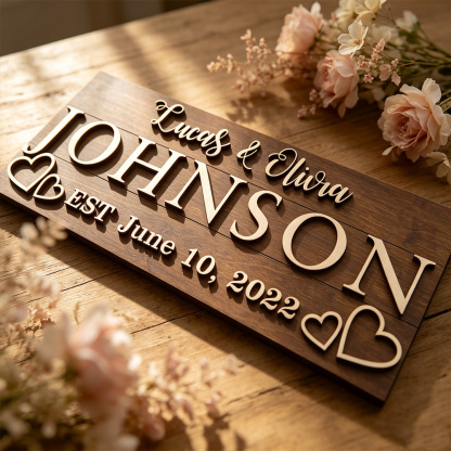 Personalized Last Name Established Sign – Custom Wooden Family Name Wall Decor for Couples & Newlyweds