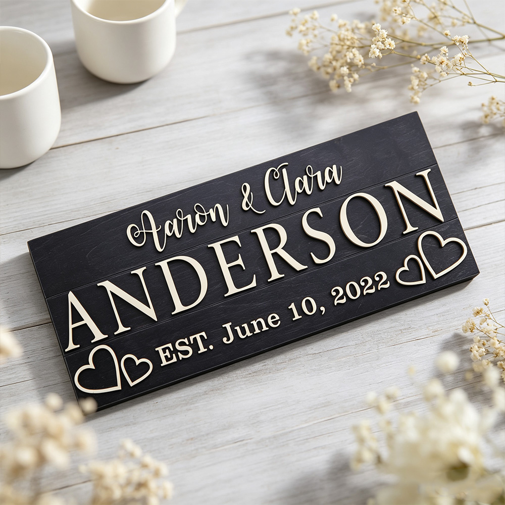 Personalized Last Name Established Sign – Custom Wooden Family Name Wall Decor for Couples & Newlyweds