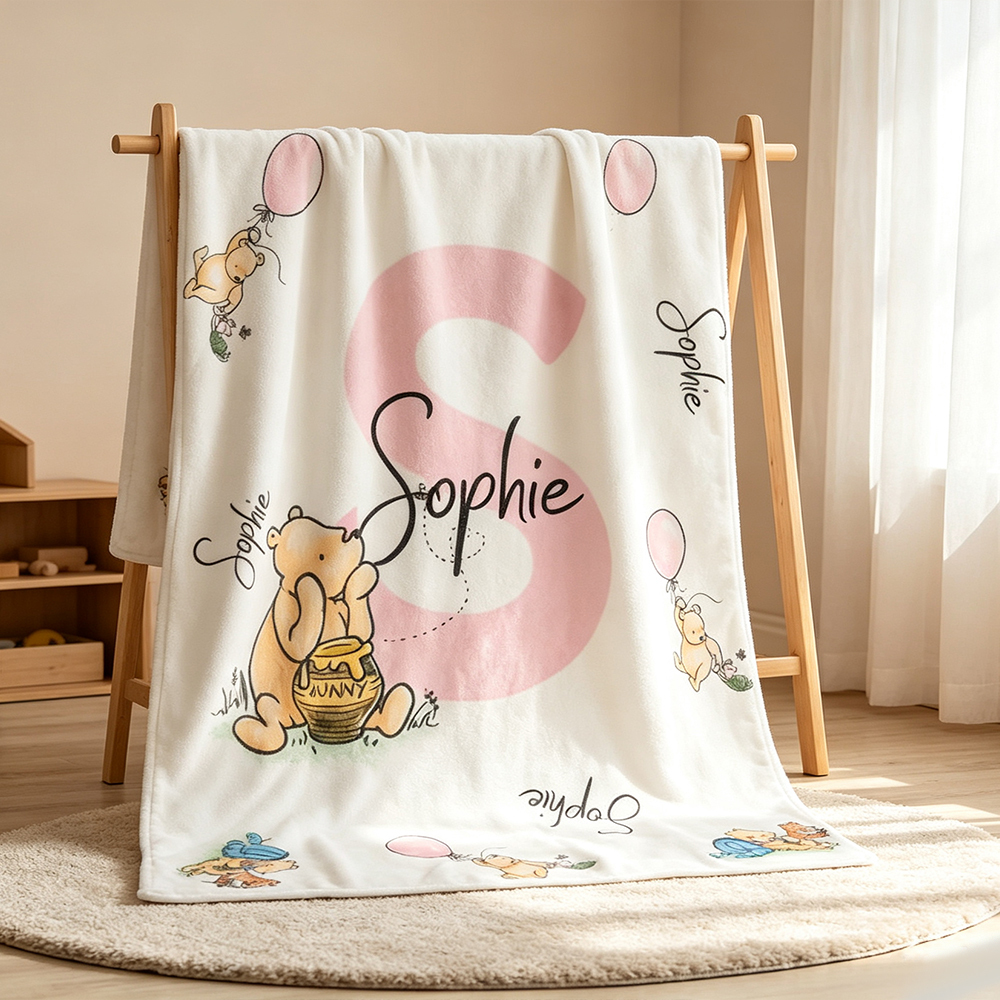 Personalized Classic Winnie the Pooh Soft Fleece Throw Blanket with Name & Initial Custom Baby Blanket Nursery Decor Newborn Shower Gift