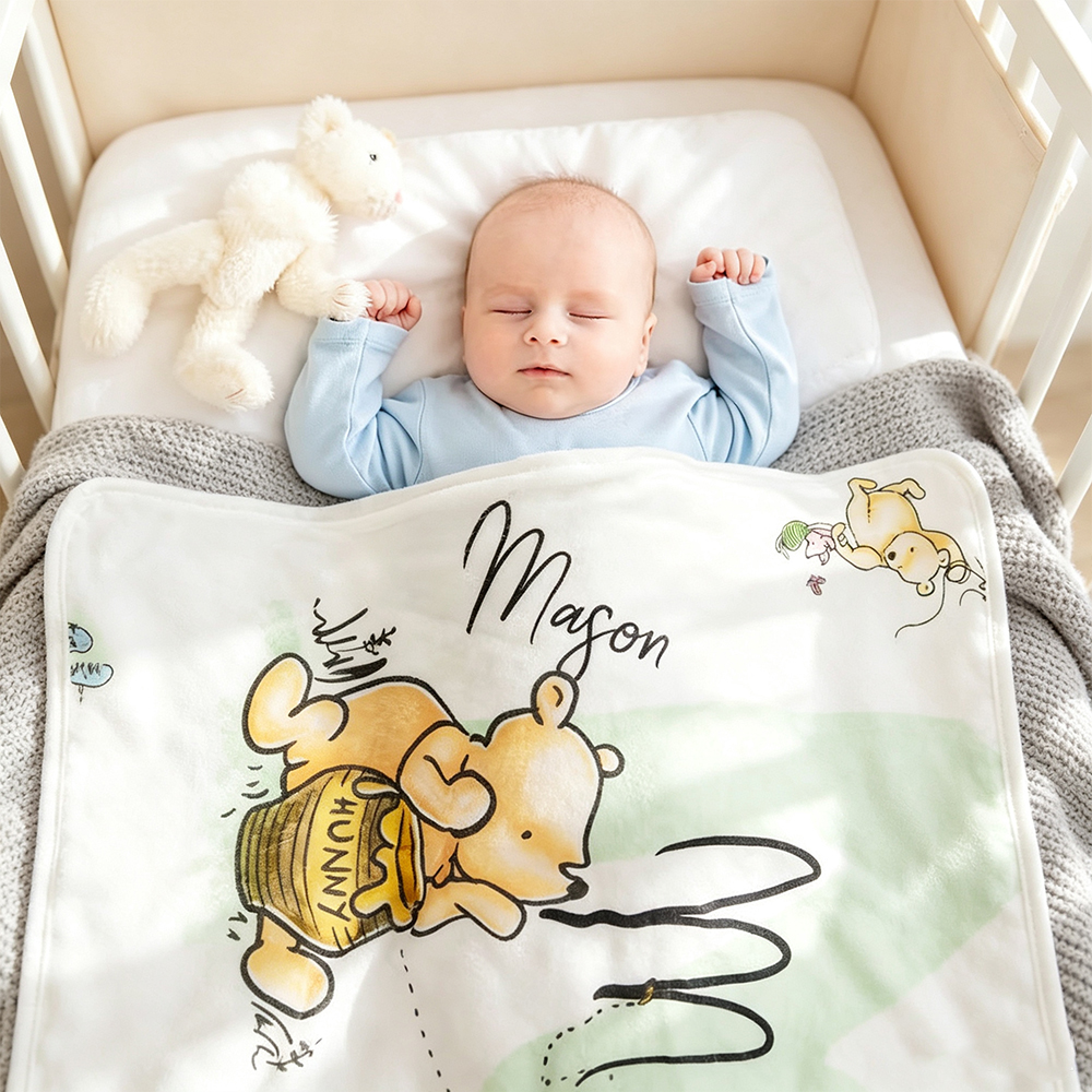 Personalized Classic Winnie the Pooh Soft Fleece Throw Blanket with Name & Initial Custom Baby Blanket Nursery Decor Newborn Shower Gift