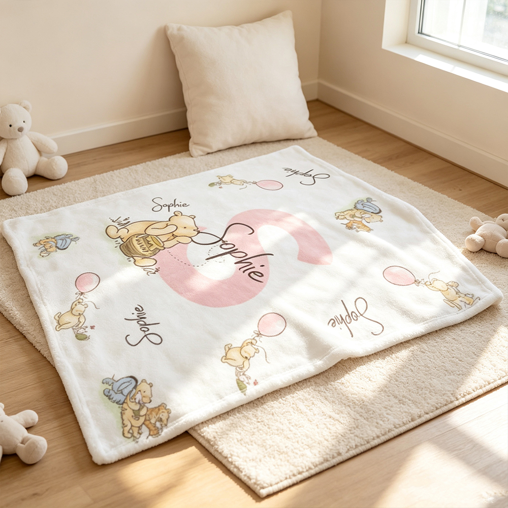 Personalized Classic Winnie the Pooh Soft Fleece Throw Blanket with Name & Initial Custom Baby Blanket Nursery Decor Newborn Shower Gift
