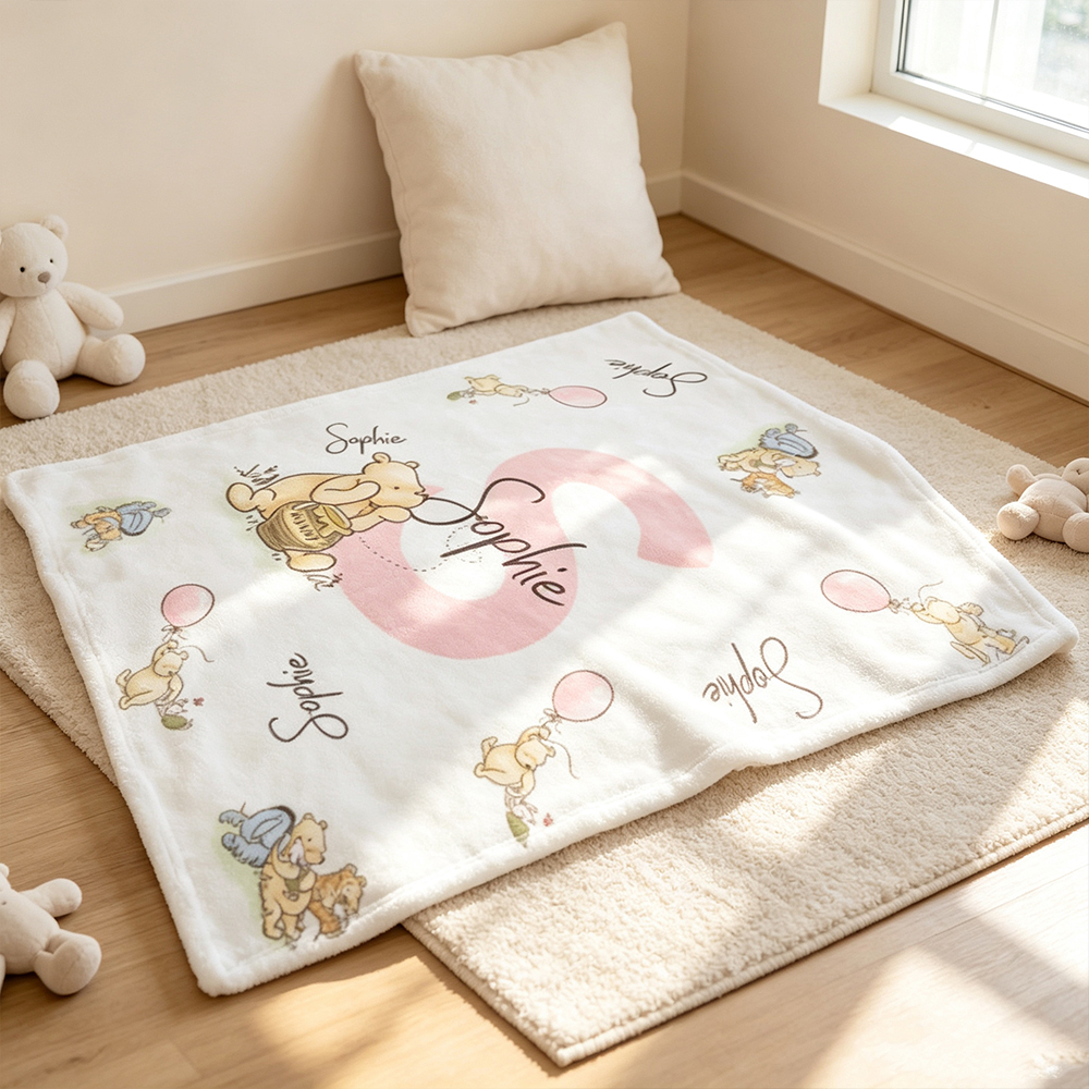 Personalized Classic Winnie the Pooh Soft Fleece Throw Blanket with Name & Initial Custom Baby Blanket Nursery Decor Newborn Shower Gift