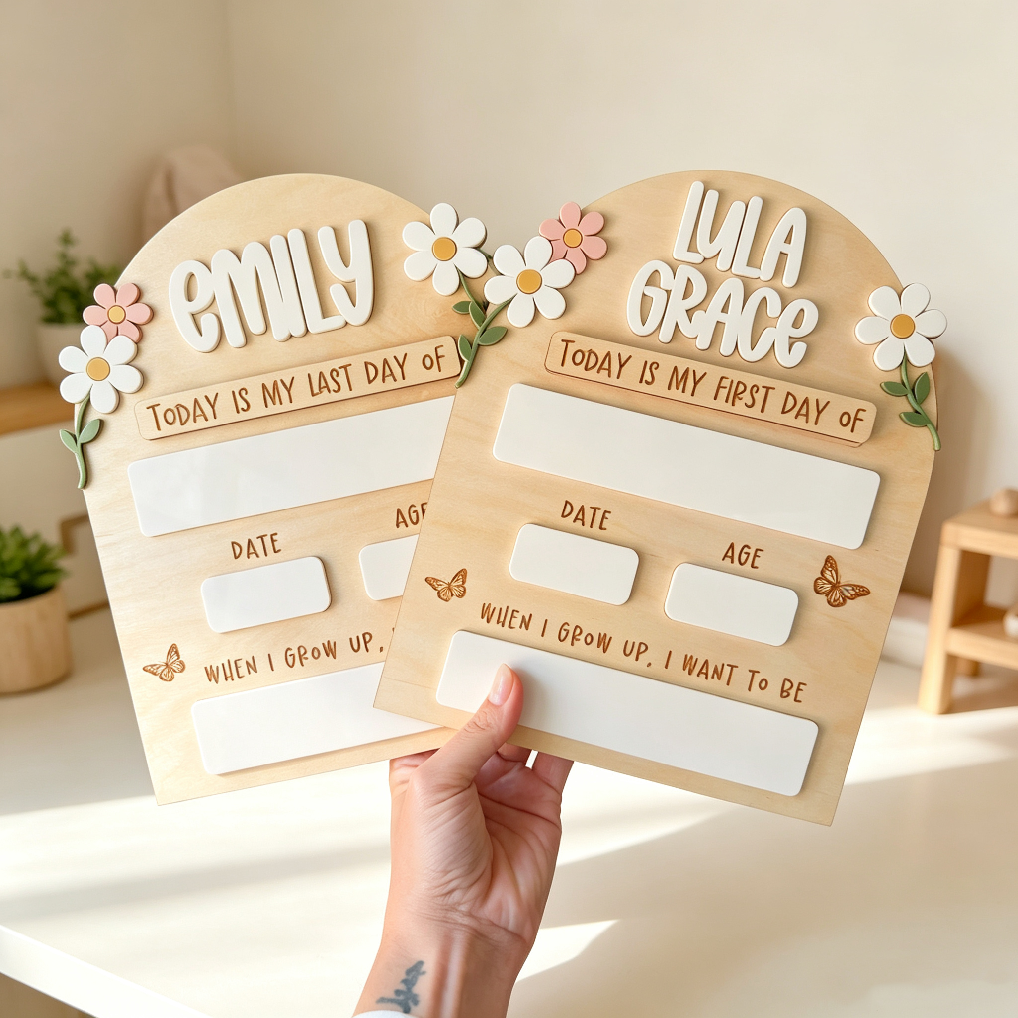 Personalized First Day of School Sign – Reusable Wooden Back to School Photo Prop with Name & Last Day Milestone