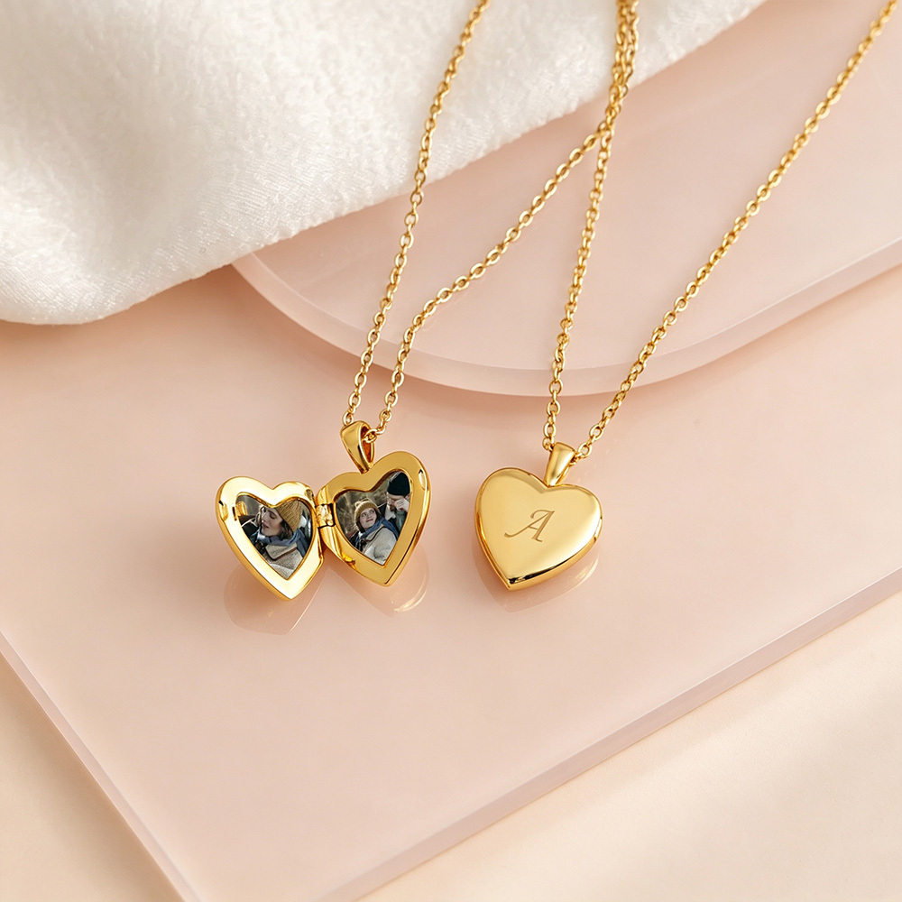 Personalized Heart Locket Necklace – Custom Photo & Initial Gold Heart Necklace Gift for Her