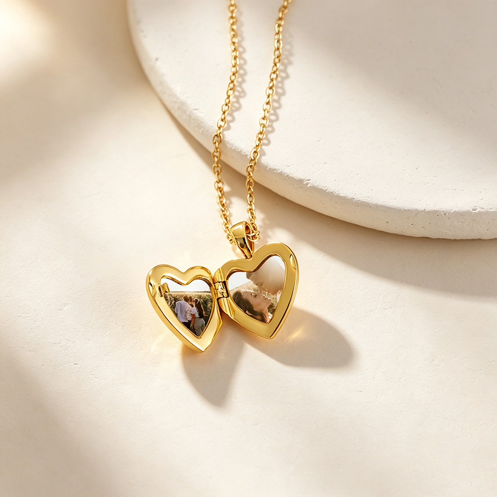 Personalized Heart Locket Necklace – Custom Photo & Initial Gold Heart Necklace Gift for Her