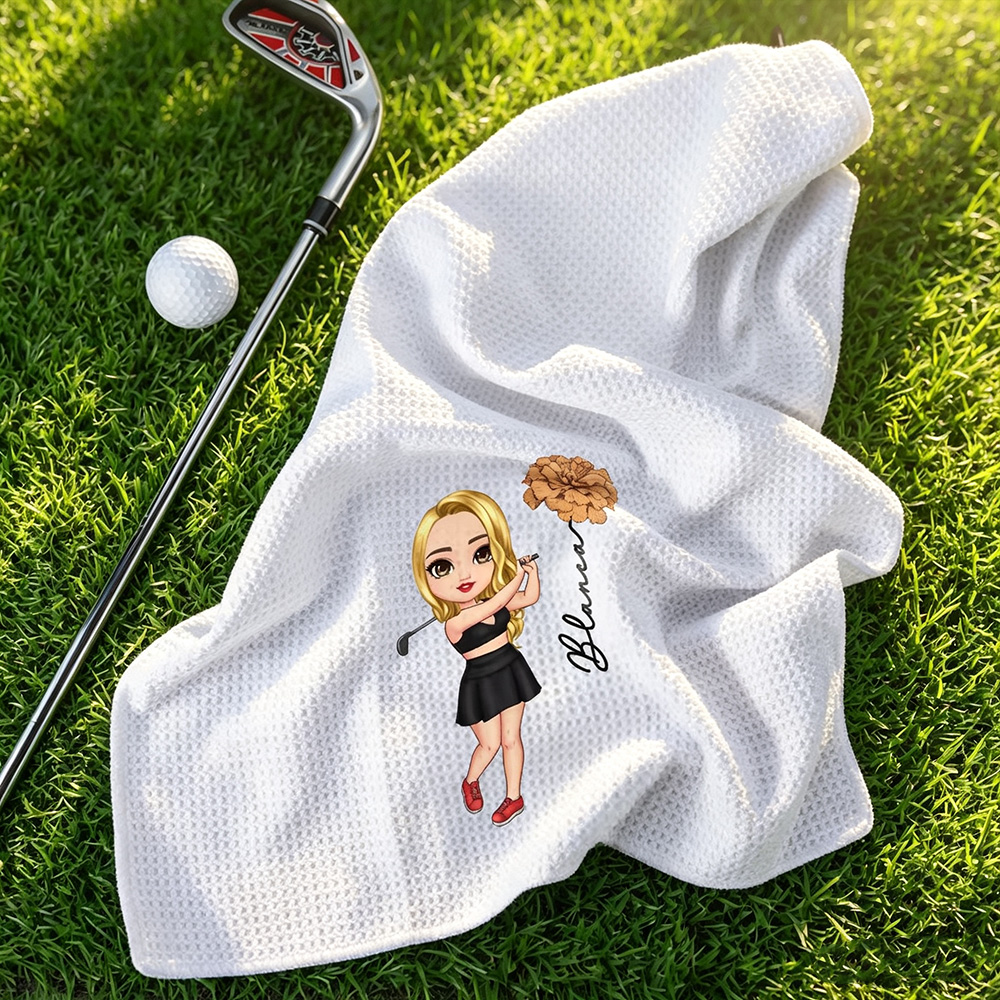 Personalized Birth Flower Golf Towel with Name, Custom Cartoon Character Waffle Golf Towel with Hanging Clip, Golf Gift for Golf Lovers
