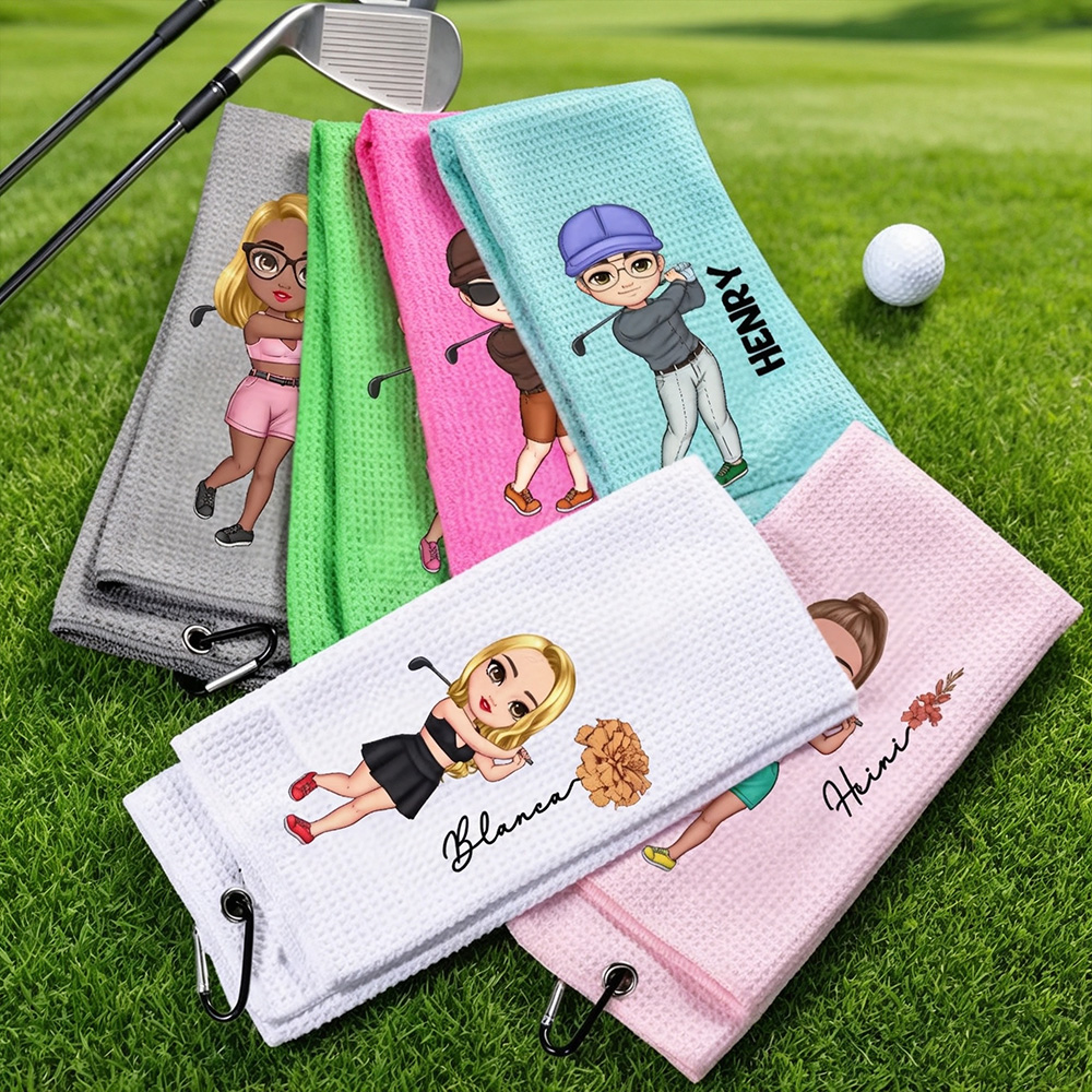 Personalized Birth Flower Golf Towel with Name, Custom Cartoon Character Waffle Golf Towel with Hanging Clip, Golf Gift for Golf Lovers