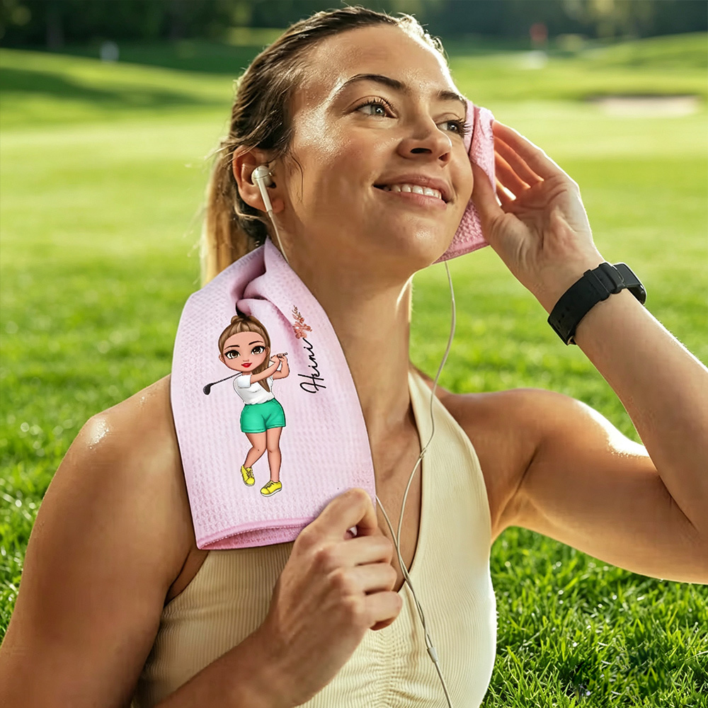 Personalized Birth Flower Golf Towel with Name, Custom Cartoon Character Waffle Golf Towel with Hanging Clip, Golf Gift for Golf Lovers