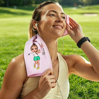 Personalized Birth Flower Golf Towel with Name, Custom Cartoon Character Waffle Golf Towel with Hanging Clip, Golf Gift for Golf Lovers