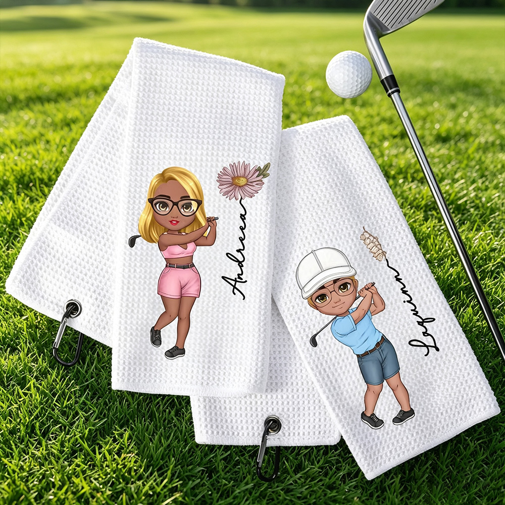 Personalized Birth Flower Golf Towel with Name, Custom Cartoon Character Waffle Golf Towel with Hanging Clip, Golf Gift for Golf Lovers