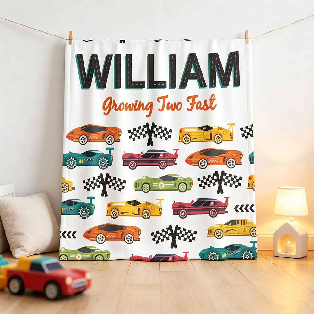 Personalised Racing Car Baby Blanket with Name and Custom Text, Soft Motorsport Throw, Birthday and Baby Shower Gift for Kids
