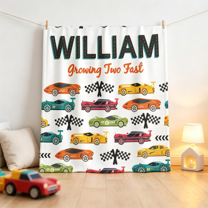 Personalised Racing Car Baby Blanket with Name and Custom Text, Soft Motorsport Throw, Birthday and Baby Shower Gift for Kids