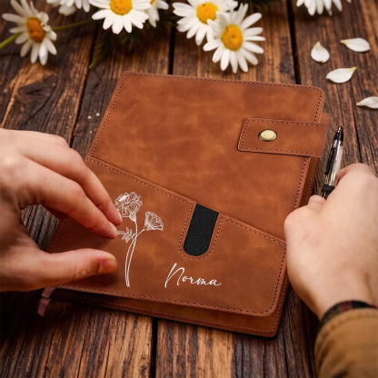 Personalized Birth Flower A5 Notebook with Custom Name, PU Leather Journal with Phone Pocket and Lined Pages, Gift for Women