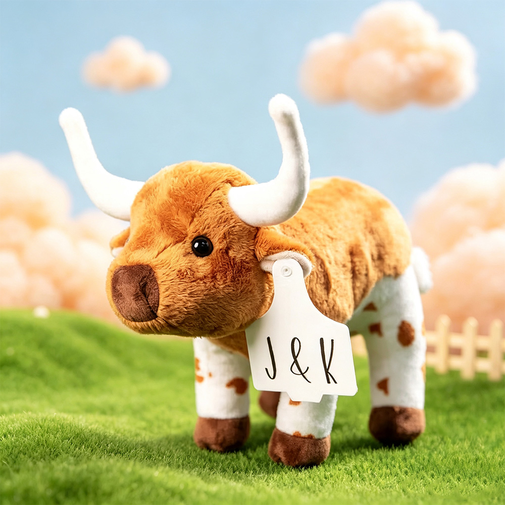 Personalized Longhorn Cow Plush Toy with Custom Name Tag Cute Stuffed Animal Birthday Gift for Kids Cow Lovers