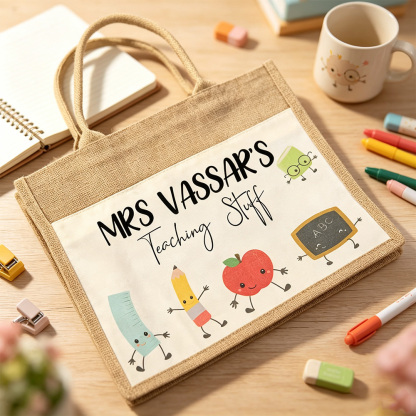 Personalized Jute Tote Bag with Teacher Name Custom Design Thank You Gift for Teachers Classroom Essentials Bag