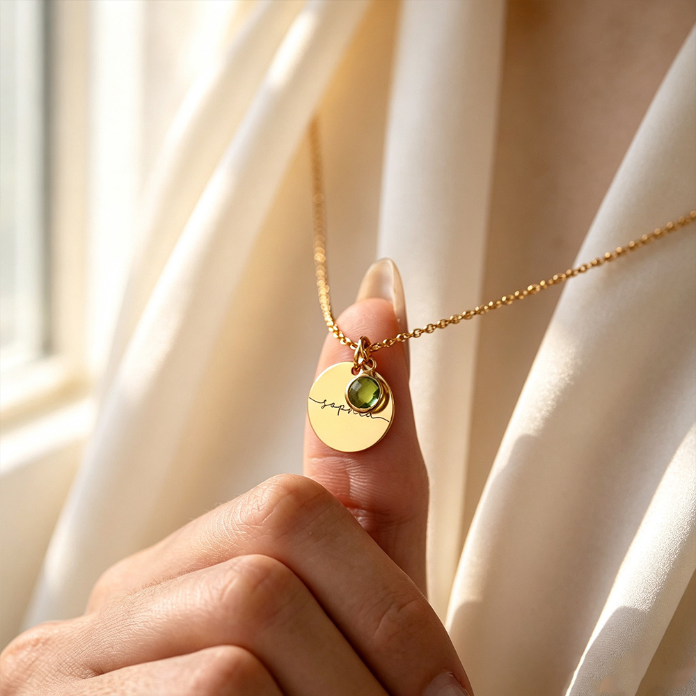 Personalized Name Necklace with Birthstone, Custom Engraved Disc Pendant Necklace, Meaningful Jewelry Gift for Her
