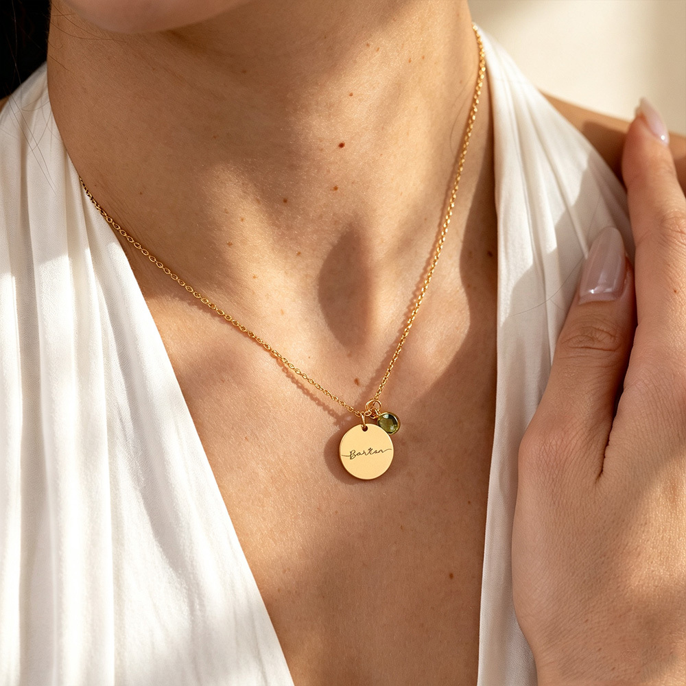 Personalized Name Necklace with Birthstone, Custom Engraved Disc Pendant Necklace, Meaningful Jewelry Gift for Her