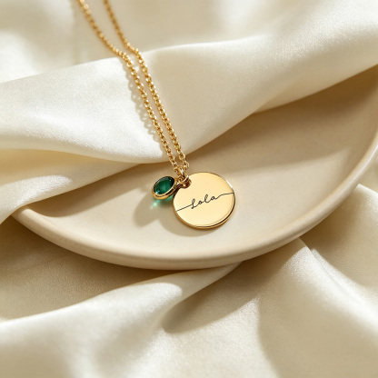 Personalized Name Necklace with Birthstone, Custom Engraved Disc Pendant Necklace, Meaningful Jewelry Gift for Her