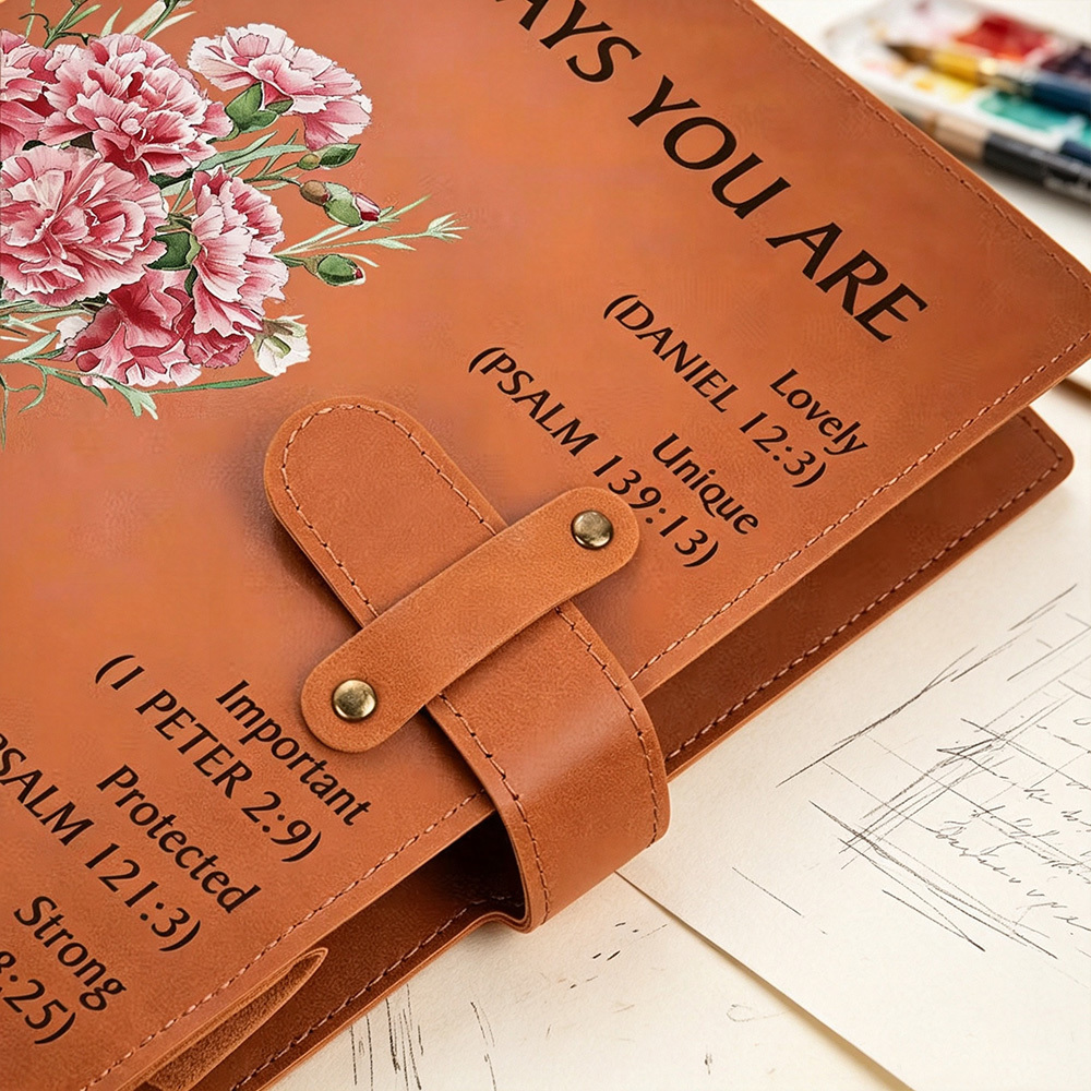 God Says You Are Personalized A5 Leather Notebook Cover, Custom Birth Flower Bouquet & Name Bible Journal Cover, Christian Gift