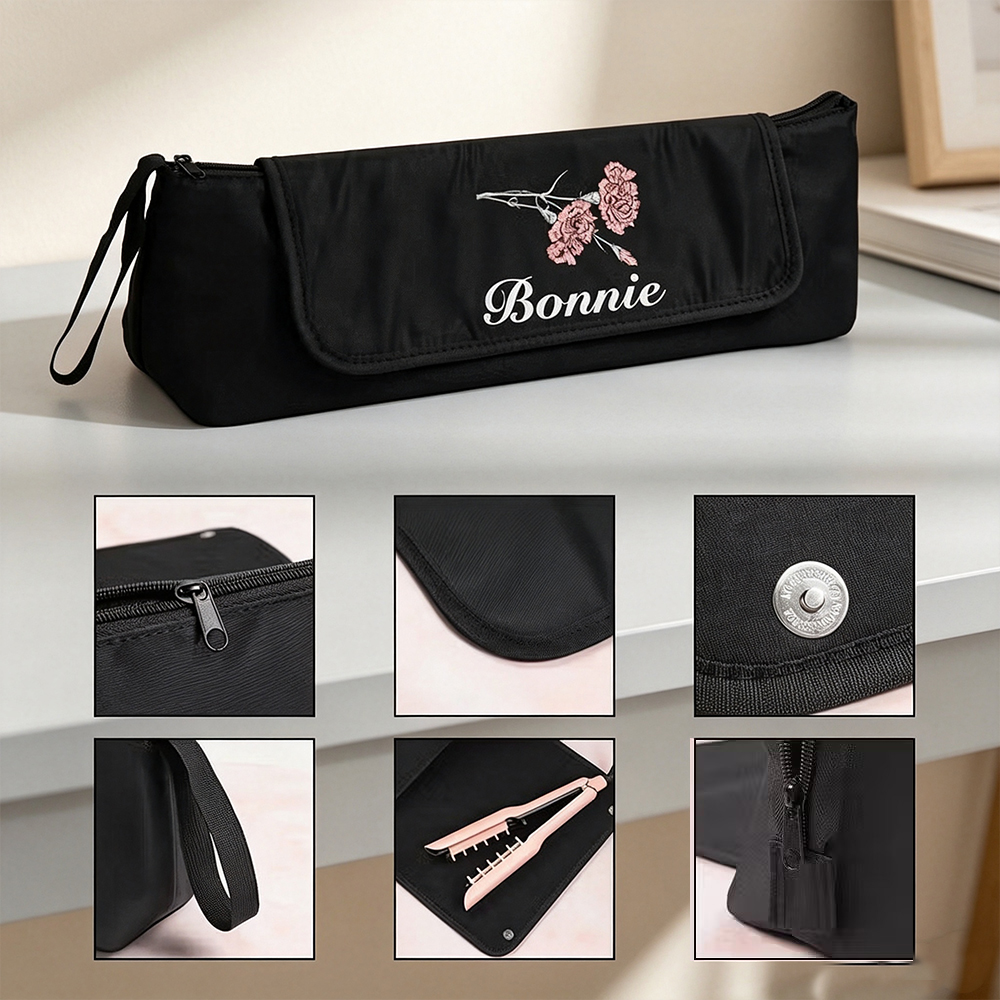 Personalized Birth Flower Hair Tool Storage Case with Name, Portable Heat Resistant Travel Bag for Curling Iron & Straightener Gift for Women