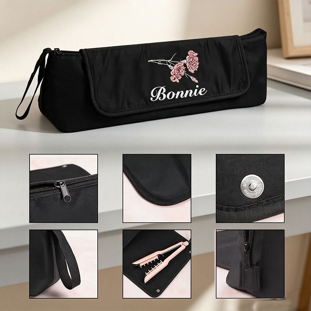 Personalized Birth Flower Hair Tool Storage Case with Name, Portable Heat Resistant Travel Bag for Curling Iron & Straightener Gift for Women