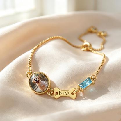 Personalized Pet Photo Memorial Bracelet, Custom Dog Cat Bracelet with Name Engraving & Birthstone Charm, Pet Loss Gift for Dog Mom