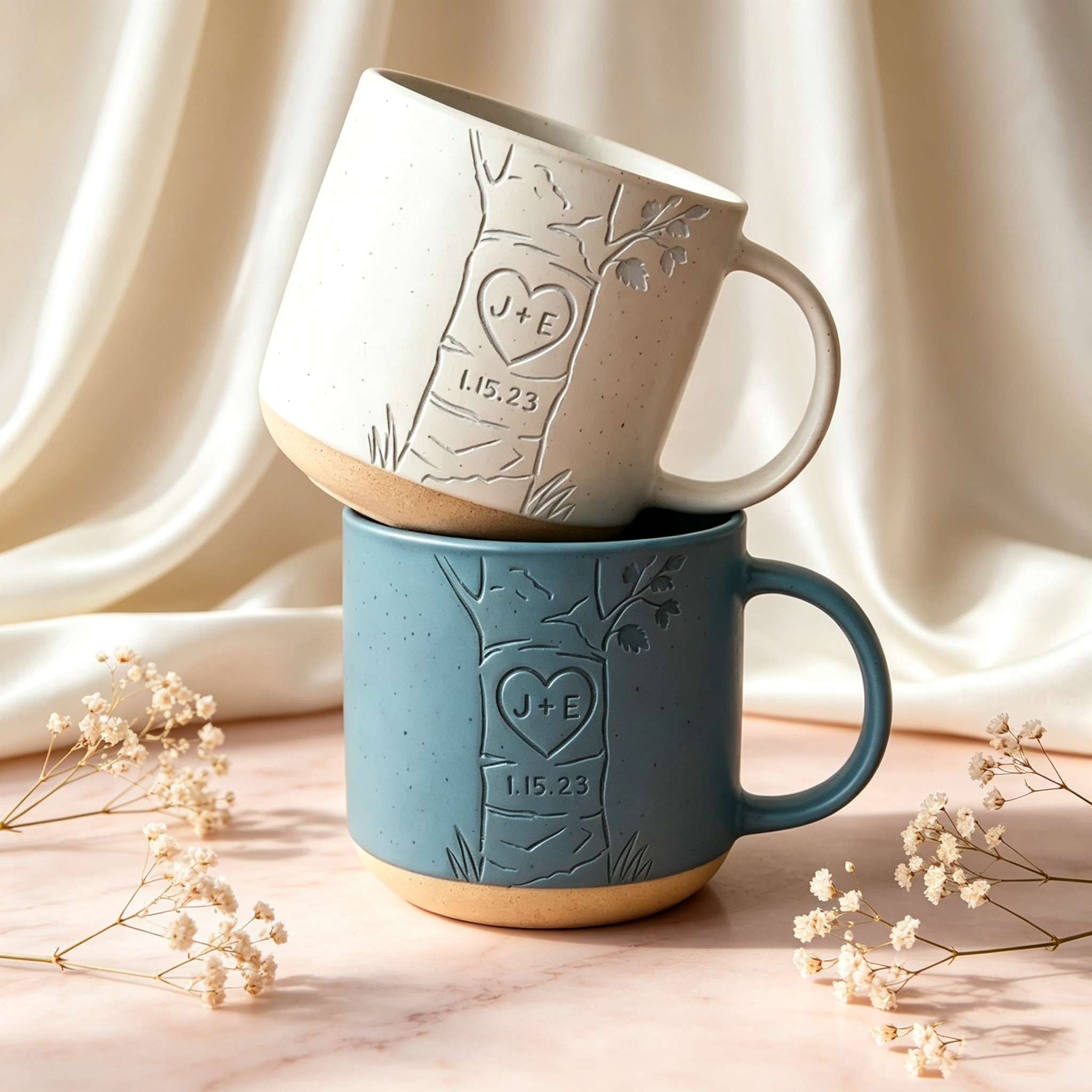 Personalized Couple Mug, Custom Engraved Ceramic Mug with Initials & Heart Tree Design, Wedding Gift for Newlyweds, Anniversary Keepsake