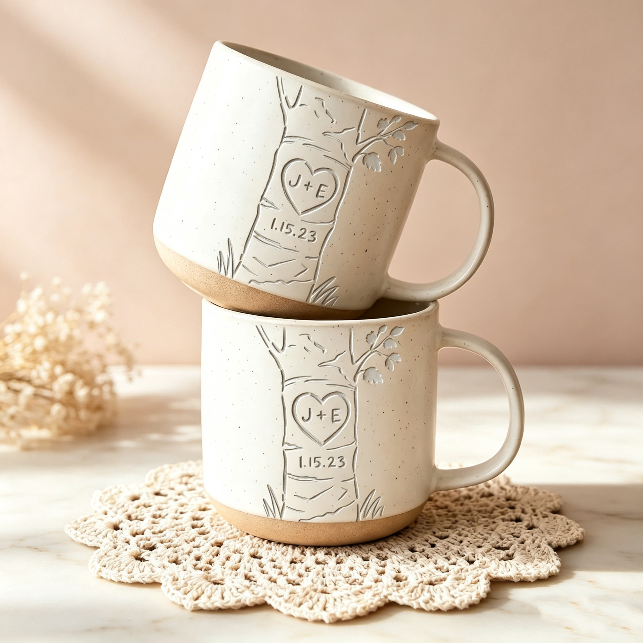 Personalized Couple Mug, Custom Engraved Ceramic Mug with Initials & Heart Tree Design, Wedding Gift for Newlyweds, Anniversary Keepsake