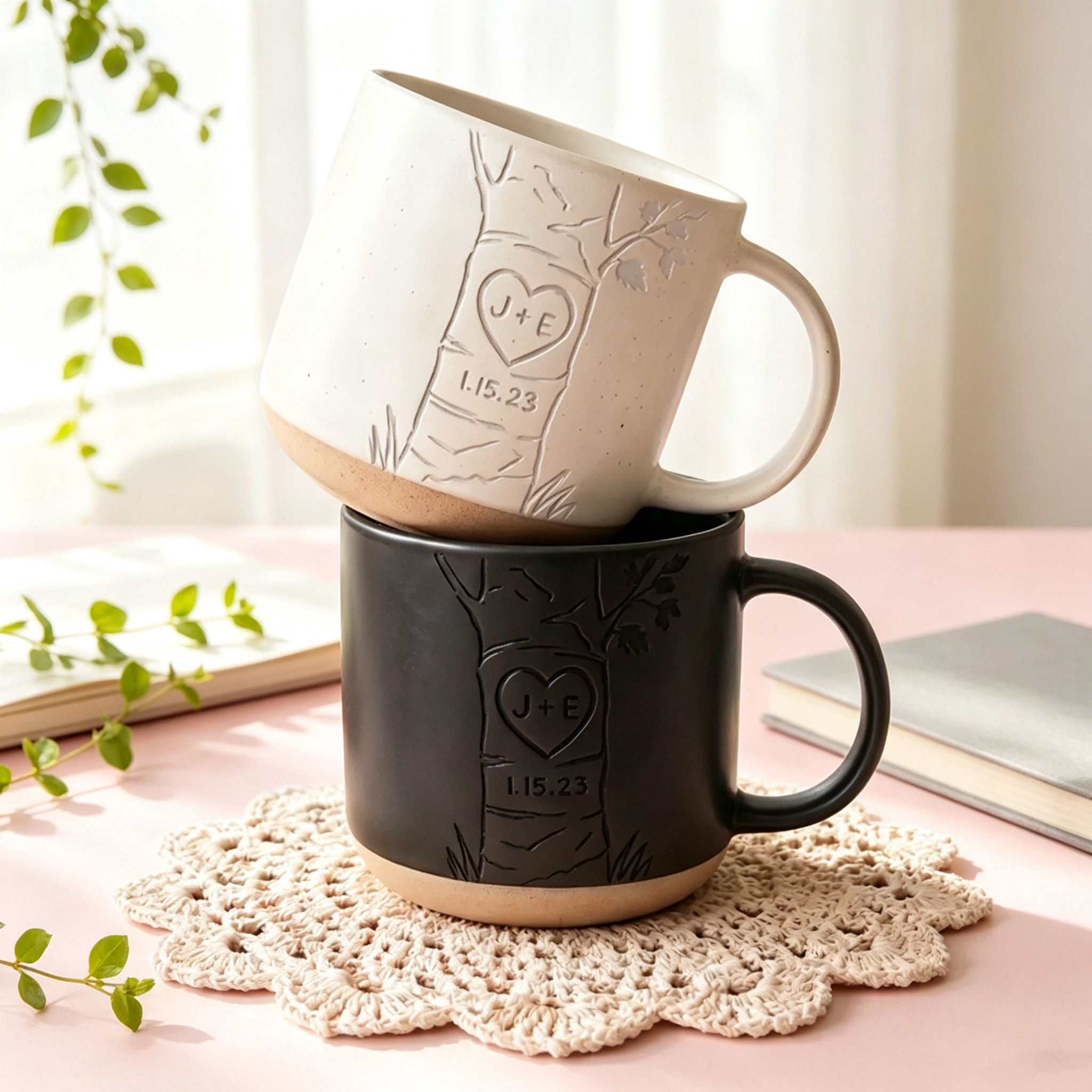 Personalized Couple Mug, Custom Engraved Ceramic Mug with Initials & Heart Tree Design, Wedding Gift for Newlyweds, Anniversary Keepsake