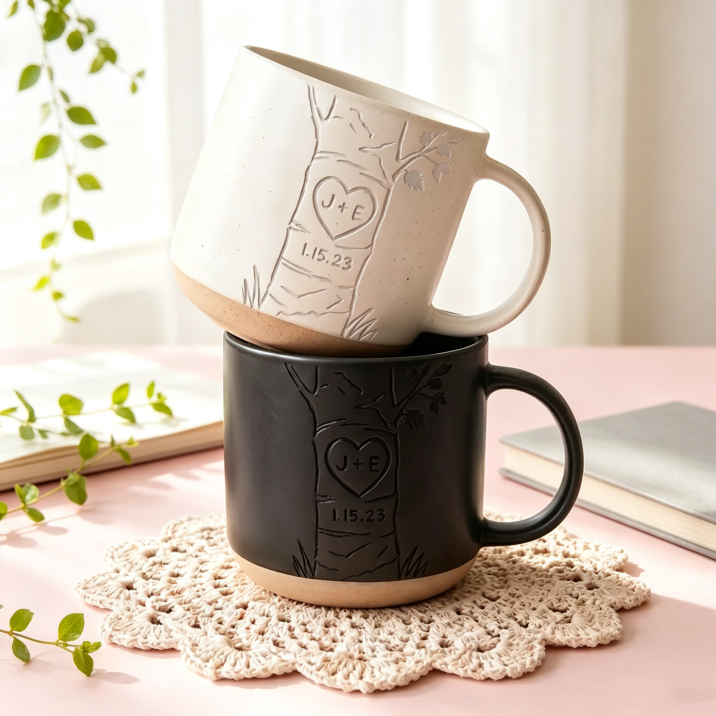 Personalized Couple Mug, Custom Engraved Ceramic Mug with Initials & Heart Tree Design, Wedding Gift for Newlyweds, Anniversary Keepsake