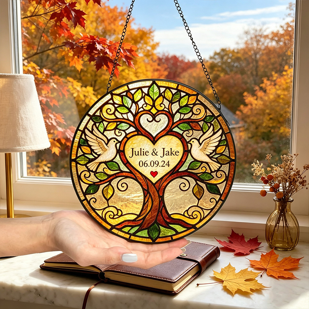 Personalized Tree of Life Stained Glass Suncatcher – Custom Wedding Keepsake Gift for Couples, Anniversary & New Home Decor