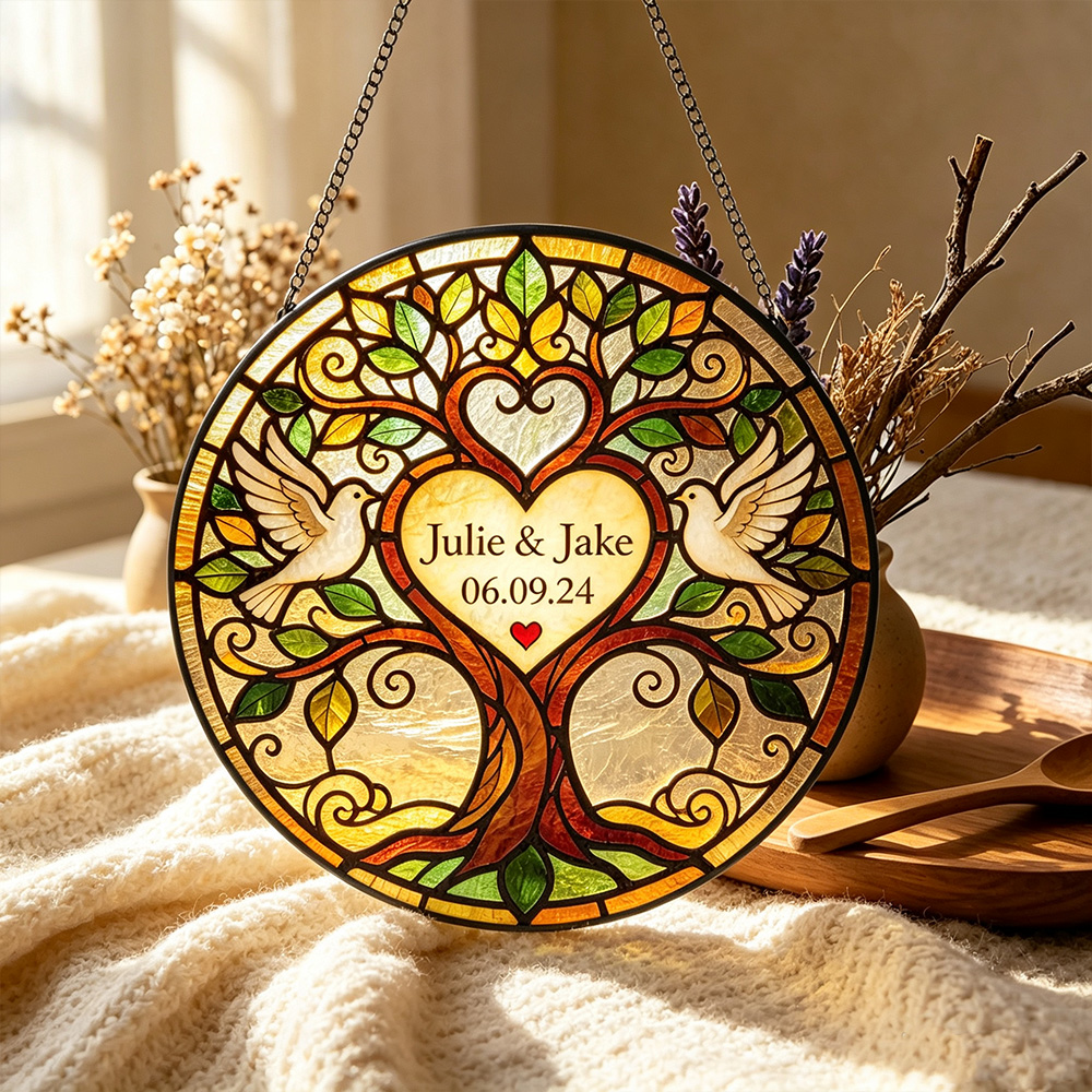 Personalized Tree of Life Stained Glass Suncatcher – Custom Wedding Keepsake Gift for Couples, Anniversary & New Home Decor