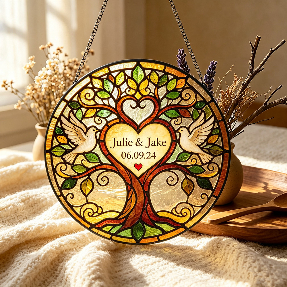 Personalized Tree of Life Stained Glass Suncatcher – Custom Wedding Keepsake Gift for Couples, Anniversary & New Home Decor